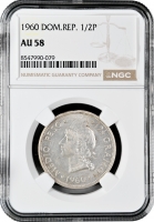 Доминикана 1/2 песо 1960 г., NGC AU58, "Доминиканская Республика (1937 - 2020)"