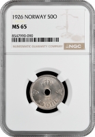 Норвегия 50 эре 1926 г., NGC MS65, "Король Хокон VII (1906 - 1957)"