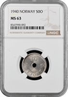 Норвегия 50 эре 1940 г., NGC MS63, "Король Хокон VII (1906 - 1957)"