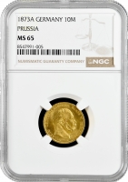 Пруссия 10 марок 1873 г. A, NGC MS65, "Король Вильгельм I (1861 - 1888)"
