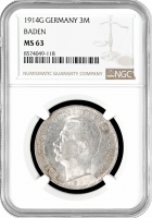 Баден 3 марки 1914 G, NGC MS63, "Великий герцог Фрідріх II (1907 - 1918)"