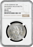 Брауншвейг-Вольфенбюттель 3 марки 1915 г. A, NGC MS65, "Свадьба и вступление на престол Эрнста Августа"
