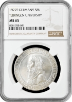 Веймарская Республика 5 рейхсмарок 1927 г. F, NGC MS65, "450 лет Тюбингенскому университету"