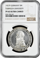 Веймарская Республика 5 рейхсмарок 1927 г. F, NGC PF62 UC, "450 лет Тюбингенскому университету"