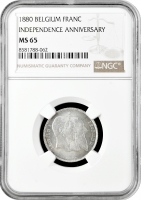Бельгия 1 франк 1880 г., NGC MS65, "50 лет независимости"