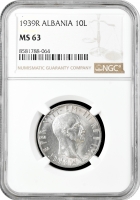 Албания 10 леков 1939 г. R, NGC MS63, "Итальянская оккупация (1939 - 1943)"