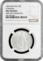 Перу 50 сентимо 1858 г., NGC UNC Det., "Республика Перу (1825 - 1862)"