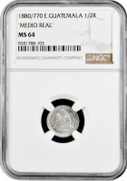 Гватемала 1/2 реала 1880/770 г. E, NGC MS64 "MEDIO REAL", "Реал (1838 - 1912)"