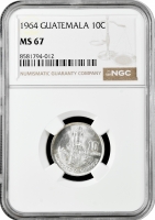 Гватемала 10 сентаво 1964 р., NGC MS67, "Республіка Гватемала (1949 - 2019)"