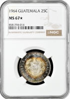 Гватемала 25 сентаво 1964 р., NGC MS67★, "Республіка Гватемала (1949 - 2017)" Top Pop 1/0