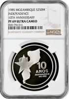 Мозамбик 250 метикалов 1985 г., NGC PF69 UC, "10 лет Независимости" Top Pop