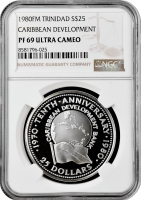 Тринидад и Тобаго 25 долларов 1980 г. FM, NGC PF69 UC, "10 лет Карибскому банку развития"