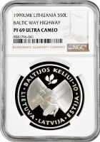 Литва 50 лит 1999 г. LMK, NGC PF69 UC, "10 лет Балтийскому пути"