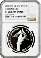 Литва 50 лит 2000 г. LMK, NGC PF69 UC, "10 лет Независимости" Top Pop