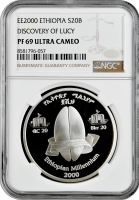 Ефіопія 20 бирів EE 2000 (2008 р.), NGC PF69 UC, "Нове ефіопське тисячоліття - Люсі /скелет/"