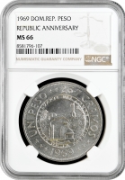 Домінікана 1 песо 1969 р., NGC MS66, "125 років Республіці"
