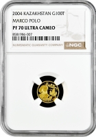 Казахстан 100 тенге 2004 г., NGC PF70 UC, "Марко Поло" Top Pop