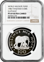 Танзанія 100 шилінгів 1986 р., NGC PF69 UC, "Всесвітній фонд дикої природи - Слон"