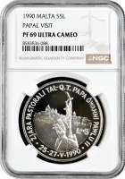 Мальта 5 лір 1990 р., NGC PF69 UC, "Візит Папи" Top Pop