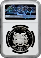 Бенін 1000 франків 2005 р., NGC PF68 UC, "Вимираючі види - Ефіопський вовк (Canis simensis)"