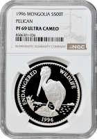 Монголія 500 тугриків 1996 р., NGC PF69 UC, "Вимираючі види - Пелікан" Top Pop