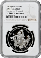 Того 1000 франків 2005 р., NGC PF68 UC, "Зникає вид дикої природи - Propithecus Verreauxi"