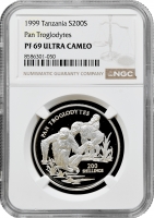 Танзанія 200 шилінгів 1999 р., NGC PF69 UC, "Дика природа Африка - звичайний шимпанзе"
