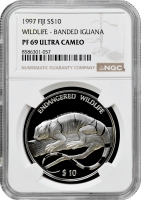 Фіджі 10 доларів 1997 р., NGC PF69 UC, "Вимираючі види - Смугаста ігуана Лау"