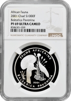 Чад 1000 франків 2001 р., NGC PF69 UC, "Африканська фауна - Вінценосний журавель"