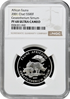 Чад 500 франків 2001 р., NGC PF68 UC, "Африканська фауна - Білий носоріг"