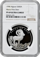Афганістан 500 афгані 1998 р., NGC PF69 UC, "Фауна Азії - Олень Марко Поло" Top Pop