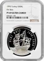 Туреччина 50.000 лір 1995 р., NGC PF69 UC, "525 років від дня народження Пірі-реїсу" Top Pop