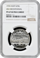 Гаїті 25 гурдів 1974 р., NGC PF67 UC, "200 років США"