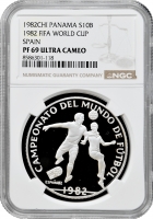 Панама 10 бальбоа 1982 CHI, NGC PF69 UC, "Чемпіонат світу з футболу 1982"
