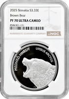 Словаччина 3.33 євро 2025 р., NGC PF70 UC, "Фауна та флора Словаччини - Бурий ведмідь"
