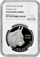 Словаччина 3.33 євро 2025 р., NGC PF69 UC, "Фауна та флора Словаччини - Євразійська рись"