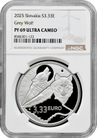 Словаччина 3.33 євро 2025 р., NGC PF69 UC, "Фауна та флора Словаччини - Сірий вовк"