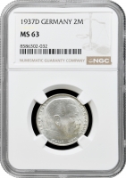 Німеччина - Третій рейх 2 рейхсмарки 1937 р. D, NGC MS63, "Нацистська Німеччина (1933 - 1945)"