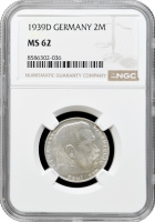 Німеччина - Третій рейх 2 рейхсмарки 1939 р. D, NGC MS62, "Нацистська Німеччина (1933 - 1945)"