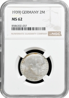 Німеччина - Третій рейх 2 рейхсмарки 1939 J, NGC MS62, "Нацистська Німеччина (1933 - 1945)"