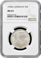 Німеччина - Третій Рейх 5 рейхсмарок 1938 A, NGC MS63, "Нацистська Німеччина (1933 - 1945)"