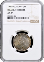 Германия - Третий рейх 2 рейхсмарки 1934 г. F, NGC MS63, "175 лет со дня рождения Ф. Шиллера"