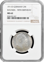 Баварія 2 марки 1911 р. D, NGC MS62, "90 років від дня народження Луїтпольда Баварського"