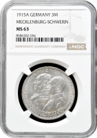 Мекленбург-Шверін 3 марки 1915 р., NGC MS63, "100 років Великому Герцогству Мекленбург-Шверін"
