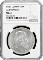 Вюртемберг 5 марок 1908 F, NGC MS61, "Король Вільгельм II (1891 - 1918)"