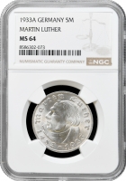 Німеччина - Третій рейх 5 рейхсмарок 1933 р. A, NGC MS64, "450 років від дня народження М. Лютера"