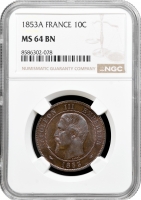 Франція 10 сантимів 1853 A, NGC MS64 BN, "Імператор Наполеон III (1852 - 1870)"