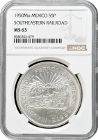 Мексика 5 песо 1950 р. Mo, NGC MS63, "Відкриття Південної залізниці"