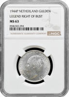 Нідерланди 1 гульден 1944 P, NGC MS63, "Королева Вільгельміна (1890 - 1948)"