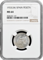 Іспанія 1 песета 1933 (34), NGC MS64, "Друга Республіка (1931 - 1939)"